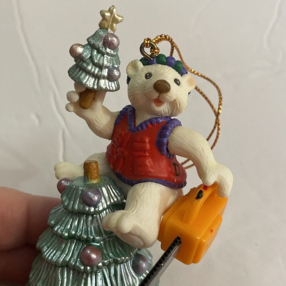 Mistletoe Magic Christmas Ornament 1996 Bear on Tree with Chainsaw vtg
